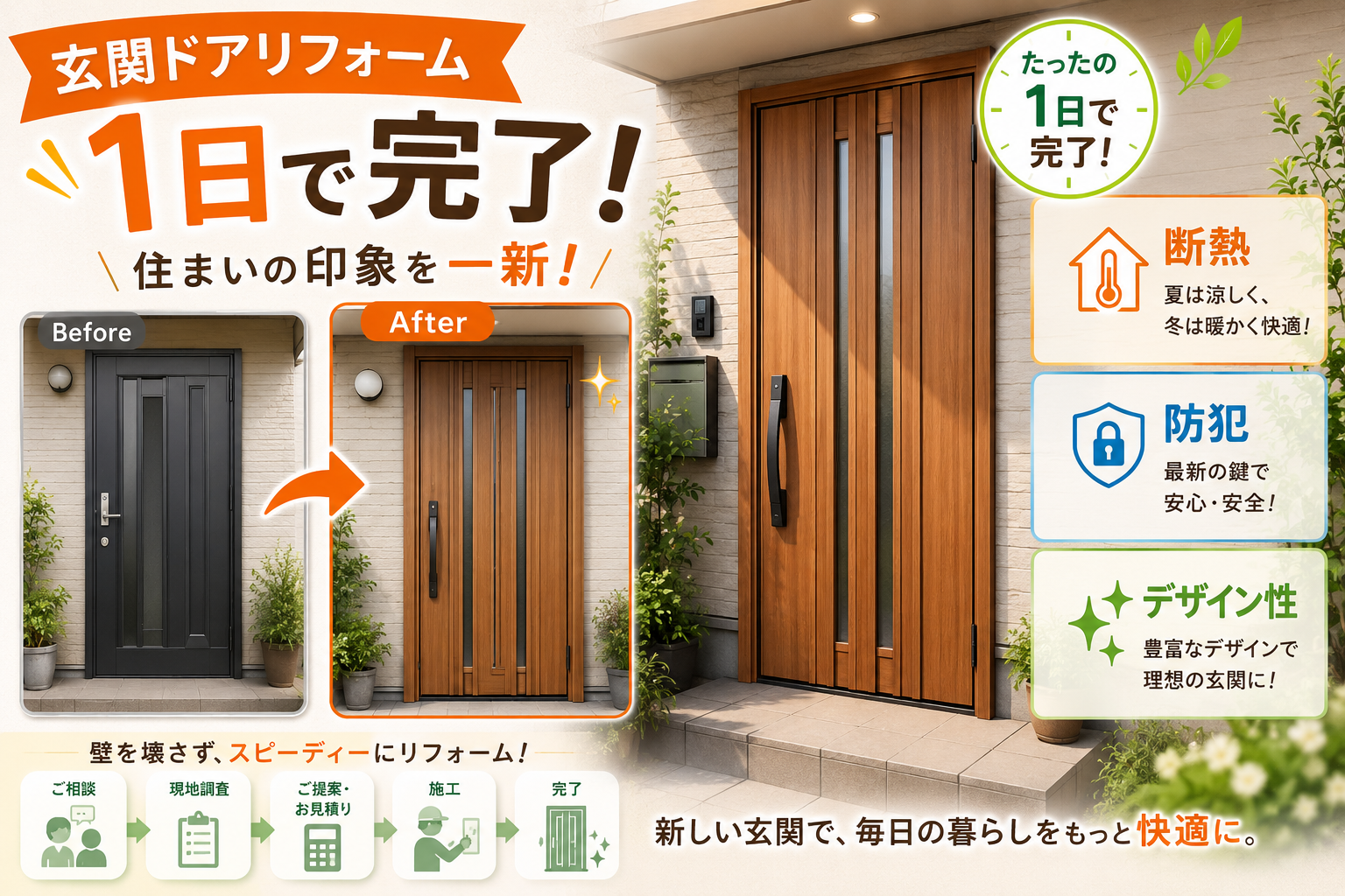 玄関ドアリフォーム 1日完了！