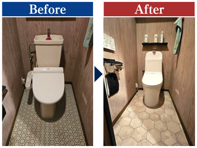 福岡市西区　六角形デザインの床材でおしゃれなトイレ空間へ